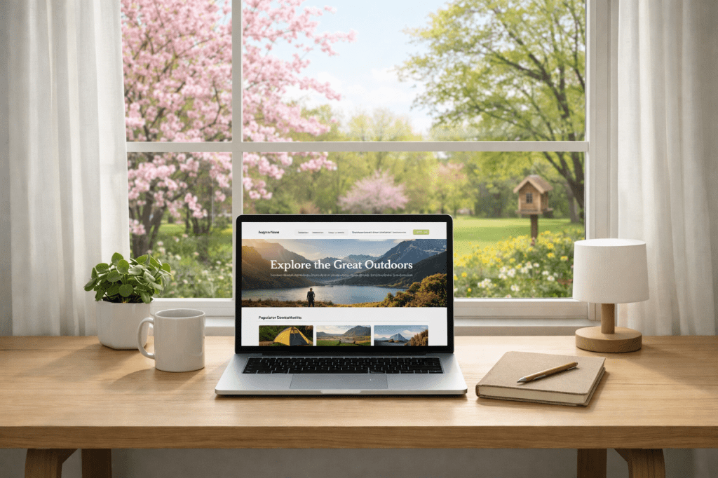 Laptop showing a nature website on a wooden desk with a plant, coffee mug, notebook, and lamp, and a garden with blooming trees outside the window